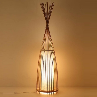 Wooden Conical Floor Lamp Asian Single-Bulb Standing Light with Shade Inside for Living Room