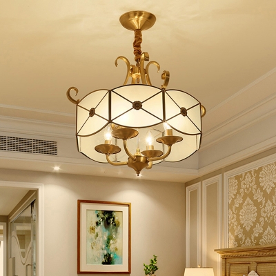 4 Bulbs Ceiling Lighting Traditional Drum Glass Panel Chandelier Light Fixture in Gold