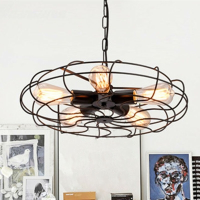 5-Light Round Cage Shade Pendant Lamp Industrial Black Metal Hanging Chandelier over Table
