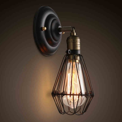 Adjustable Iron Black Wall Mount Lamp Bud Shaped Cage Single Industrial Sconce Fixture