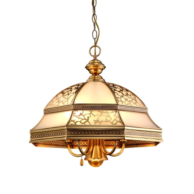 Antique Panes Ceiling Lighting Frosted Glass Chandelier Light with Pull Chain in Gold