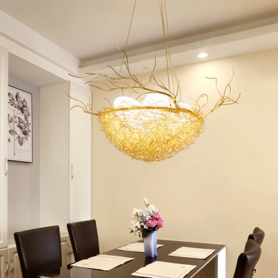 Artistic Bird Nest Chandelier Lighting Metallic 3 Heads Living Room Pendant Light Fixture in Beige