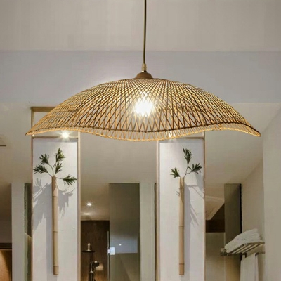 Bamboo Dome Hanging Light Asia Single-Bulb Beige Ceiling Pendant with Waveform Edge