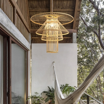 Bamboo Tiered Suspension Lighting Japanese 1 Head Wood Pendant Ceiling Light for Restaurant