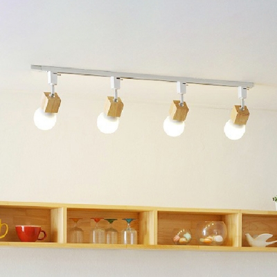 Bare Bulb Spotlight Semi Flush Light Nordic Wood 4-Head White Track Light Fixture