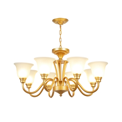 Bell Shaped Living Room Suspension Light Traditional Semi-Opaque Glass Gold Chandelier