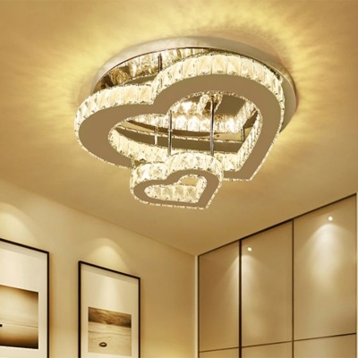Beveled Crystal Loving Heart Flush Mount Simplicity LED Close to Ceiling Lamp in Chrome, Warm/White Light