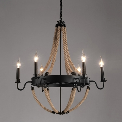 Circular Chandelier Lamp Rustic Black Rope Wrapped Hanging Light over Dining Table