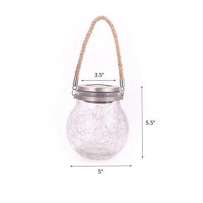Clear Crackle Glass Jar LED Pendant Light Art Decor Solar Hanging Lamp for Outdoor, 1 Pc