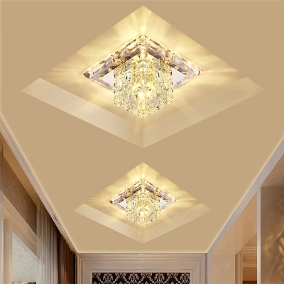 Contemporary Cube Shape Ceiling Flush Light Clear Crystal Corridor LED Flush Mount in Stainless Steel
