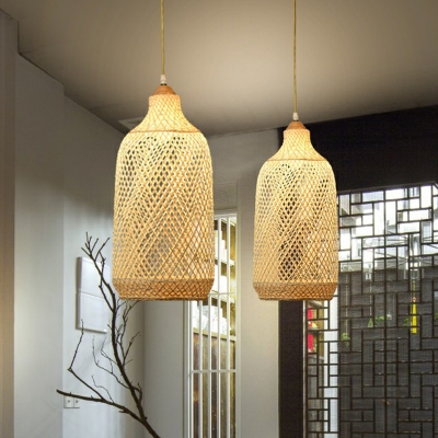 Criss-Cross Woven Hanging Lamp Asian Bamboo 1-Light Restaurant Pendant Light in Wood