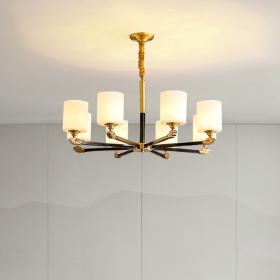 Cylinder Opal Handblown Glass Ceiling Lighting Traditional Living Room Chandelier Light in Gold-Black