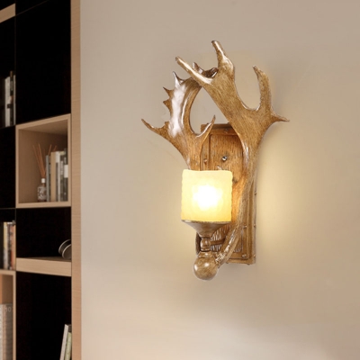 Cylindrical Opal Frosted Glass Wall Lamp Country 1-Light Study Room Sconce Light with Antler Deco