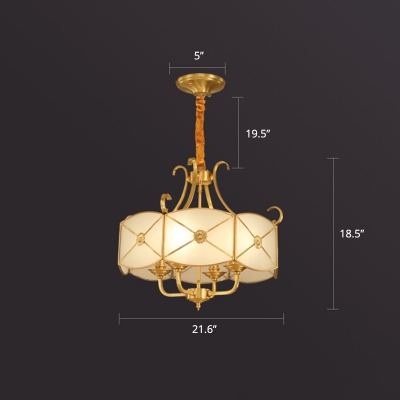 Drum Frosted Glass Panes Chandelier Lighting Antique 4 Heads Dining Room Pendant Light in Gold