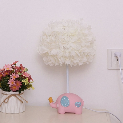 Floral Globe Bedside Table Lamp Fabric 1-Head Kids Night Light with Animal Pedestal
