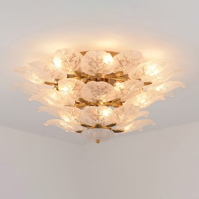 Frosted Glass Leaf Shaped Ceiling Light Modern 10-Bulb Gold Finish Semi Flush Mount Light
