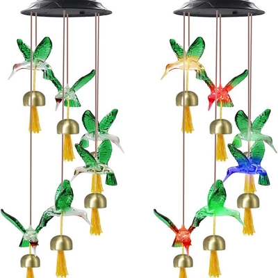 Hummingbird Courtyard LED Hanging Light Plastic Modern Solar Wind Chime Light in Green, 1 Pc