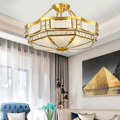 Inverted Dome Bedroom Semi Flush Light Simplicity Glass Panes Gold Chandelier Light