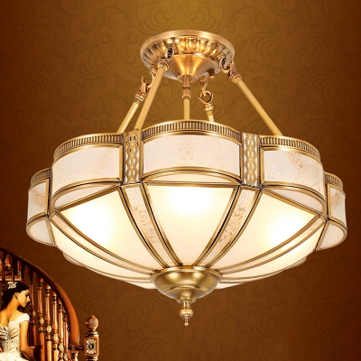 Inverted Dome Glass Panel Chandelier Pendant Light Vintage Dining Room Semi Flush Light in Gold