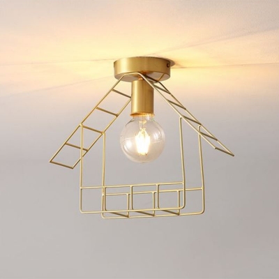 Metal Gold Flush Light House Frame Shaped 1 Bulb Minimalist Semi Flush Mount Ceiling Light