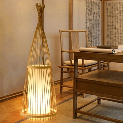 Modern Conic Floor Light Bamboo 1-Light Living Room Standing Lamp with Cylindrical Shade