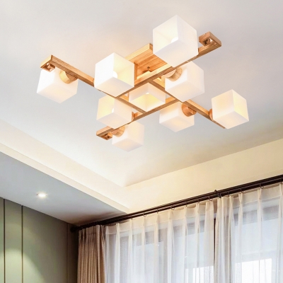 Modern Semi Flush Ceiling Light Wood Cube Flushmount Lighting with White Glass Shade
