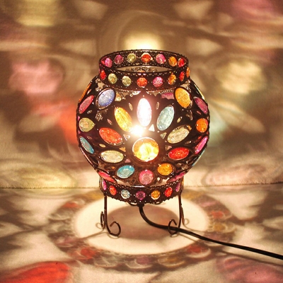 Multicolored Globe Table Lantern Lamp Bohemian Metal Single Bedside Night Light with Scroll Stand