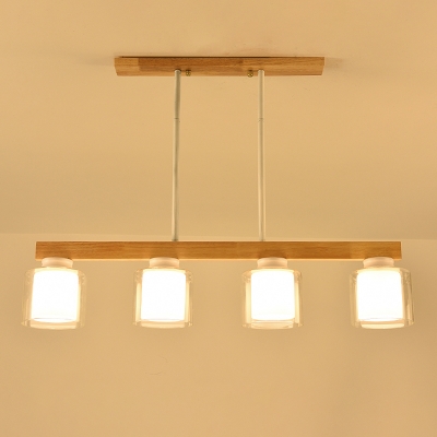 Nordic Island Lighting Wood Straight Pendant Light Fixture with Dual Glass Shade