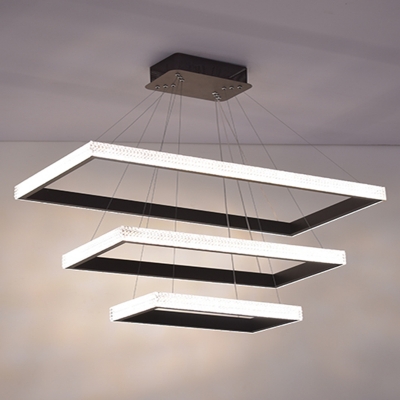 Rectangular Layered Dining Room Chandelier Light Acrylic Simplicity LED Pendant Light Fixture in Black