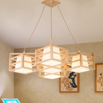Rhombus Cage Wooden Pendant Light Modern 5-Bulb Multi Light Chandelier with Inner White Glass Shade
