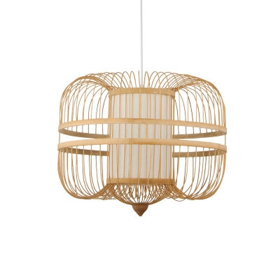 Rounded Drum Tea Room Suspension Light Bamboo 1-Light Simplicity Pendant Light Fixture in Wood