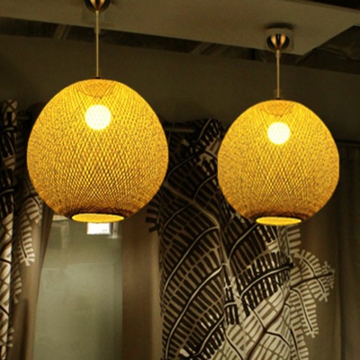 Spherical Restaurant Ceiling Lighting Bamboo 1-Light Asian Style Pendant Lamp in Beige