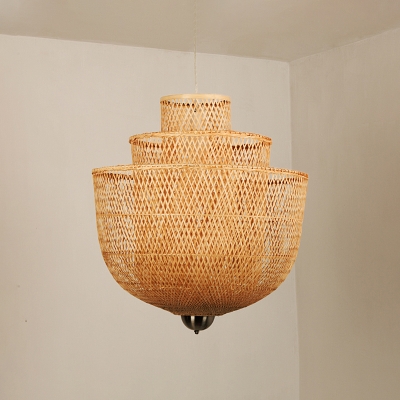 Tiered Suspension Light Simplicity Bamboo 1-Light Restaurant Pendant Light Fixture in Wood