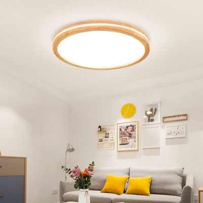 Ultrathin Round LED Ceiling Fixture Minimalist Acrylic White and Wood Flush Mount Light