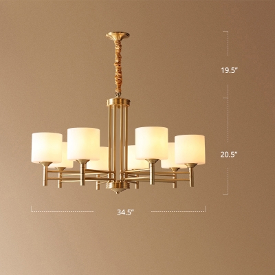 Up Chandelier Minimalist Living Room Pendant Light with Cylinder Opal Glass Shade in Brass