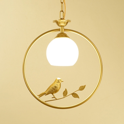 Vintage Shaded Pendant Light Single-Bulb Glass Suspension Light Fixture with Ring and Bird Decor
