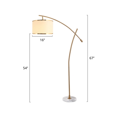 White Fishing Rod Stand Up Lamp Traditional Metal Single Living Room Floor Lighting with Round Fabric Shade