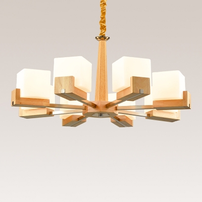 White Glass Cube Chandelier Modernist Wood Hanging Pendant Light for Living Room