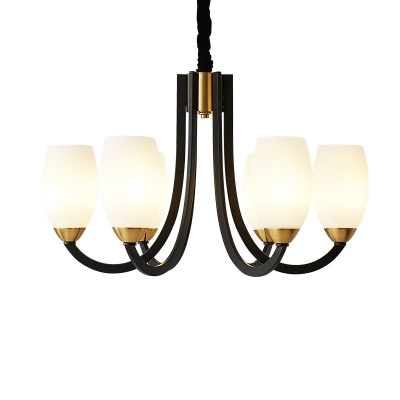 White Glass Tulip Pendant Lamp Minimalist Living Room Chandelier with Curved Arm in Black-Brass