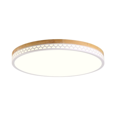 White Round Hollowed-out Ceiling Light Modern Acrylic Led Flush Mount with Wood Canopy