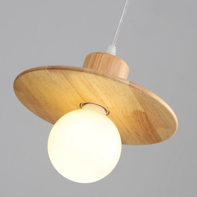 Wooden Pot Lid Pendulum Light Minimalist 1-Light Beige Down Lighting Pendant for Dining Room