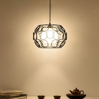 1 Head Milk Glass Hanging Light Nordic Dome Shape Restaurant Pendant Light with Wire Cage