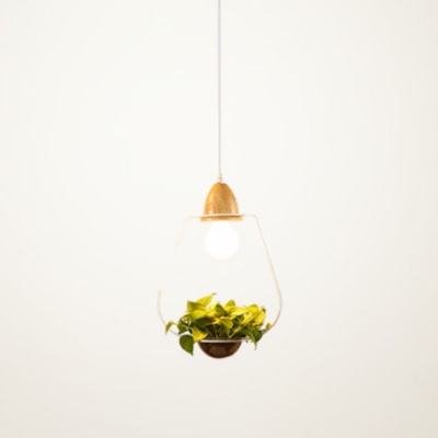 1-Light Ceiling Hanging Lantern Nordic Wooden Geometric Pendant Light with Plant Pot