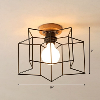 1-Light Geometric Cage Ceiling Mount Lamp Nordic Metal Rotating Semi Flush Light Fixture with Wood Canopy