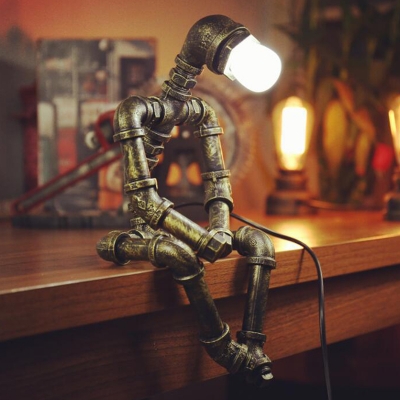 1-Light Sitting Robot Shaped Night Lamp Steampunk Metallic Table Light for Bedroom
