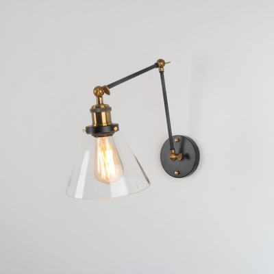 1-Light Wall Mount Light Industrial Tapered Clear Glass Wall Light Fixture with Long Arm