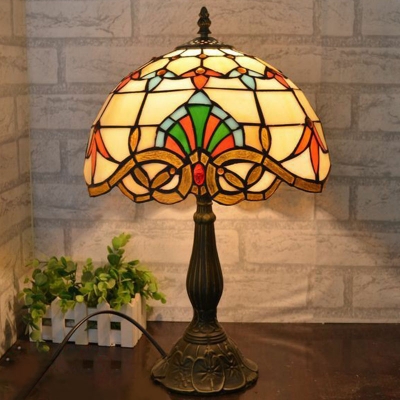 2-Light Dome Table Lamp Tiffany Antique-Gold Stained Glass Nightstand Light with Pull Chain