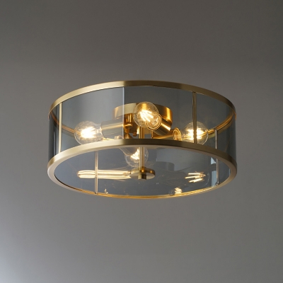 4 Bulbs Flush Ceiling Light Vintage Drum Clear Glass Flush Mount Lighting Fixture in Brass