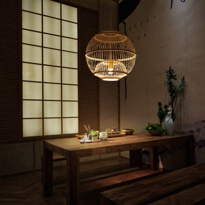 Ball Shade Restaurant Ceiling Light Bamboo 1 Bulb Nordic Style Hanging Lamp in Wood