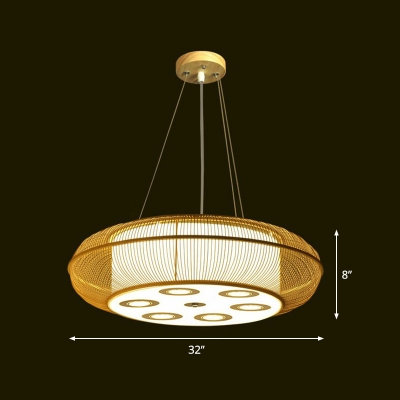 Bamboo Round Spotlight Hanging Lamp Asian Style Chandelier Light Fixture for Restaurant